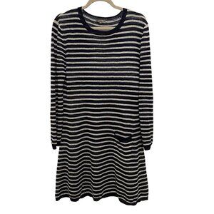Navy White Striped 100% Linen Long Sleeve Tunic Top Sheer Lightweight Womens M